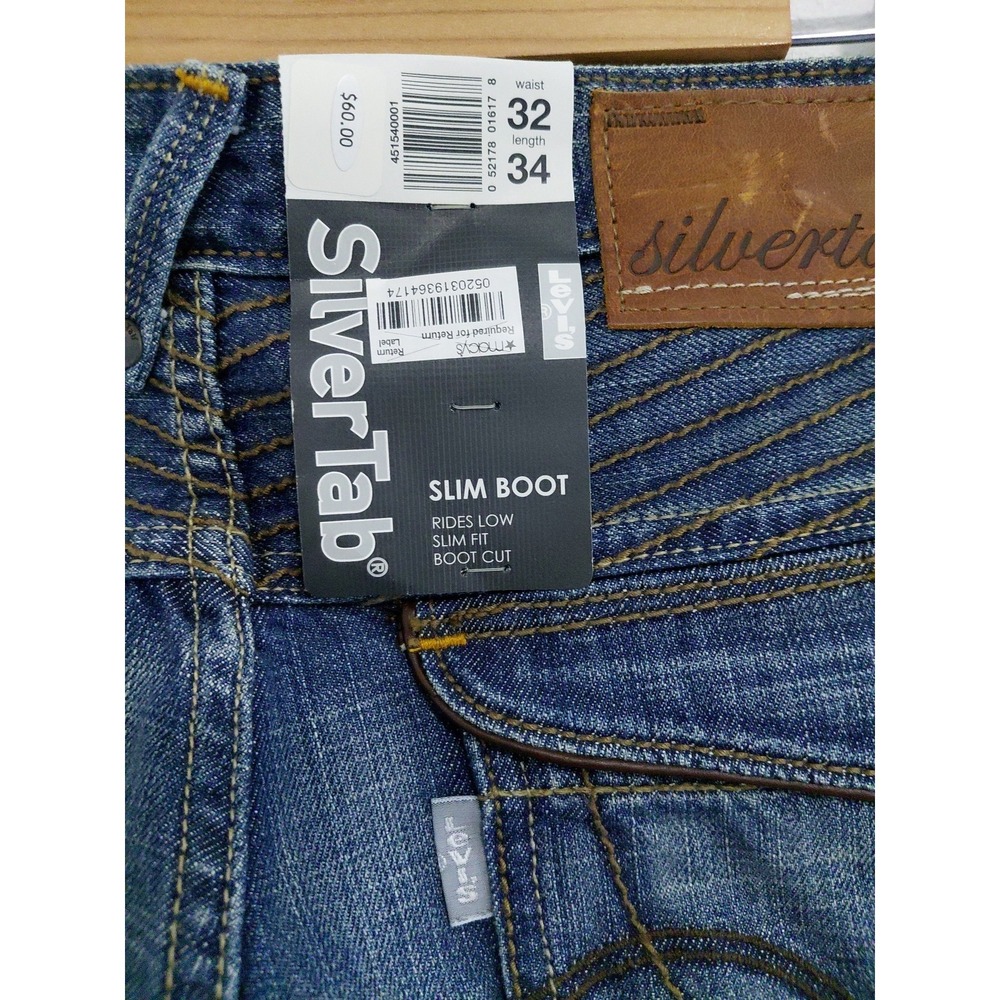 NOS Levi's SilverTab Boot Jeans 32x34 Y2K Blue Denim SLIM BOOT Leather Trim VTG - Picture 8 of 15